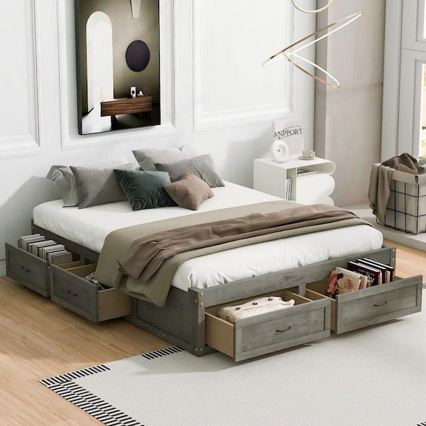 anpport Rustic Antique Gray Wood Frame Queen Platform Bed with 6 ...