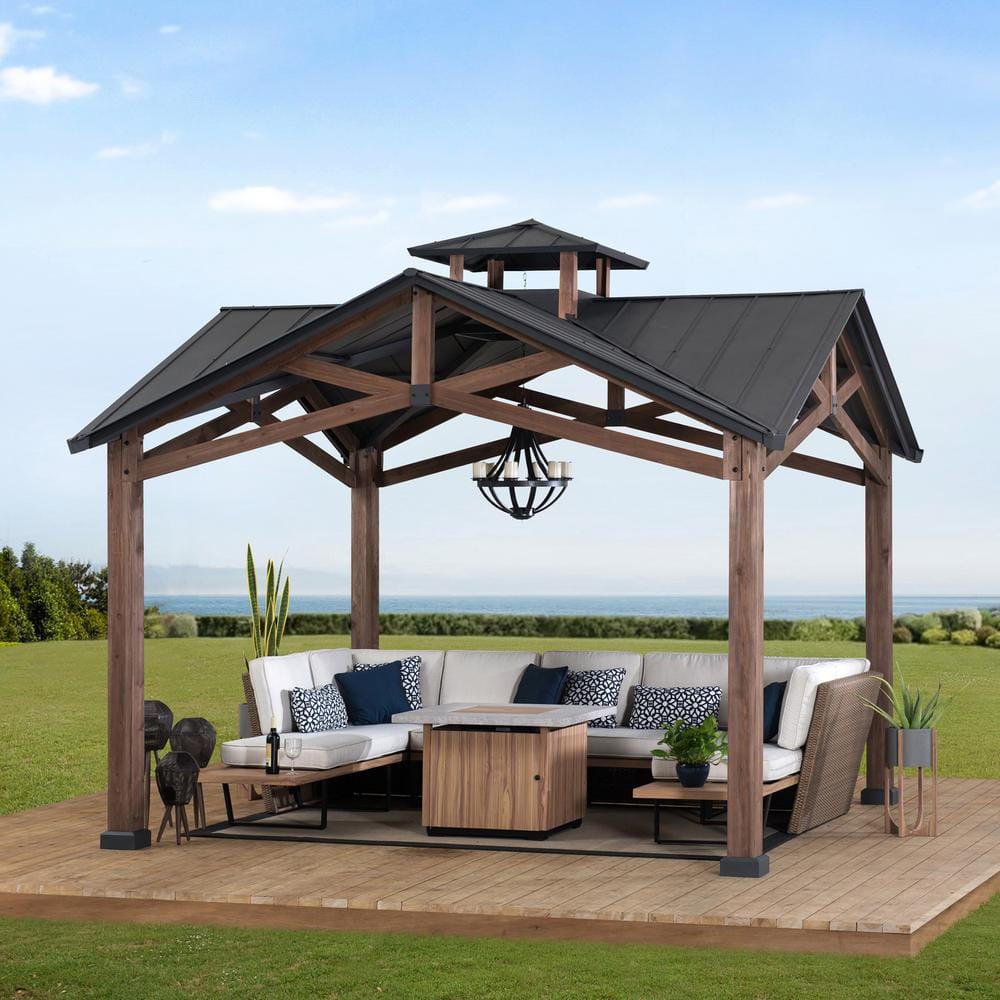 Sunjoy 12.5 ft Cedar Frame Gazebo with Black Steel Roof