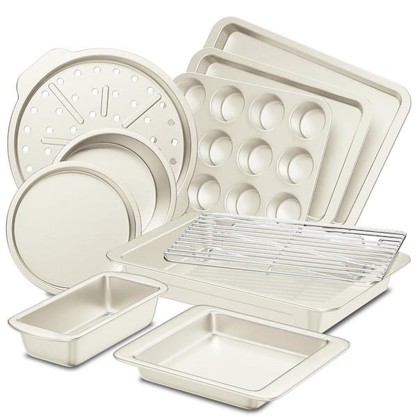 10-Piece Bakeware Set, Including Rack, Cookie Sheet, Cake Pans, Loaf Pan, Muffin Pan and Pizza Pan, Cream