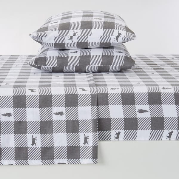 FRESHFOLDS 4-Piece Blue Check Lodge Printed Turkish Cotton Queen Premium Winter Bed Sheet Set
