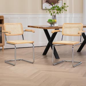 Barnard Natural Wooden Dining Chair with Rattan Back and Chrome Legs Set of 2