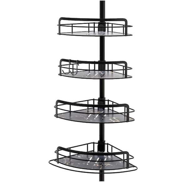Freestanding Corner Shower Caddy in Black with 4 Height Adjustable Shelves, Tension Pole, Towel Bar and Hanging Hook