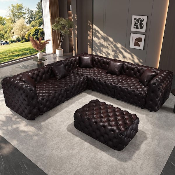 Modern Classic 132.5 in. 6-Piece Faux Leather Tufted Modular Sectional Sofa with Ottoman and 5 Pillows in Dark Brown