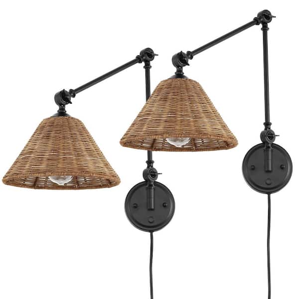 WINGBO Black Base and Dark Brown Rattan Lamp Shade Swing Arm Wall
