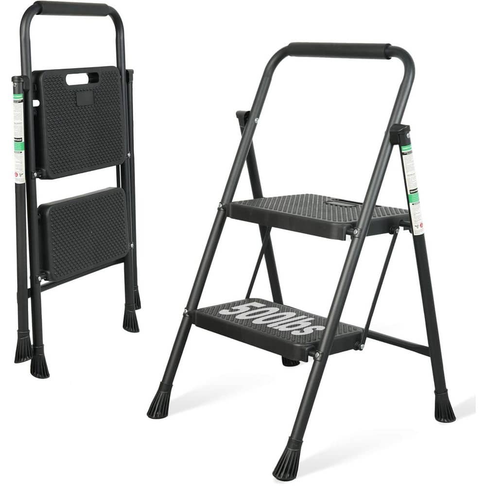 2-Step 2.10 ft. Reach Steel Portable Folding Step Stool with Wide Anti-Slip