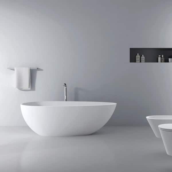 66.9 in. x 34 in. Artificial Stone Soaking Bathtub in Matte White Solid Surface with Overflow and Pop-up Drain