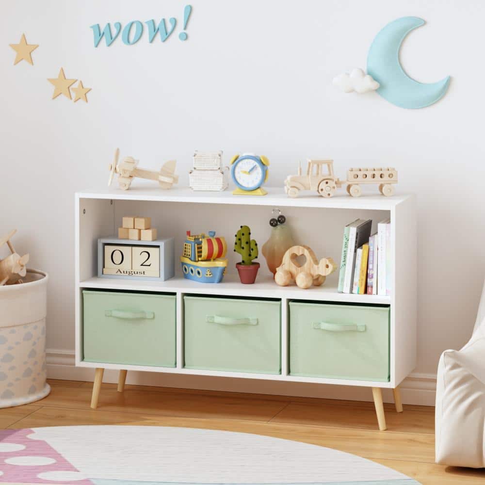 Avex 35.5 in. W White/Green 2-Shelf Toy Storage Cabinet Organizer Kids Bookcase with Collapsible Fabric Drawers