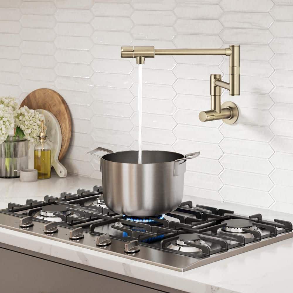 Bolden Wall Mount Pot Filler Kitchen Faucet with Retractable Arm in Spot-Free Antique Champagne Bronze