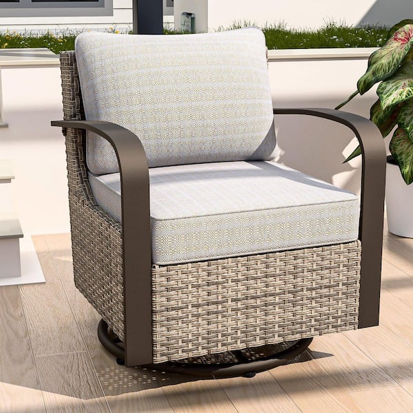 COOS BAY Ergonomic Armrest Brown Wicker Patio Swivel Glider Outdoor Rocking Chair with Beige Cushions