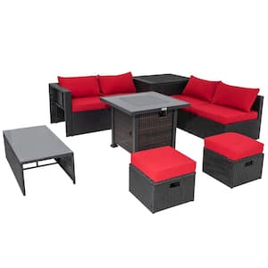 9-Piece Wicker Patio Sectional Seating Set with 32 in.  Fire Pit Table and Red Cushions