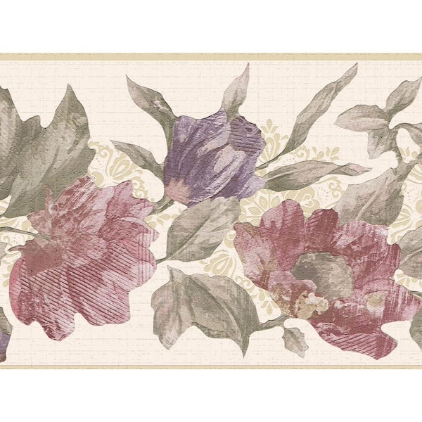Dundee Deco Falkirk Dandy II Pink Purple Green Flowers on Vines Floral Peel and Stick Wallpaper Border