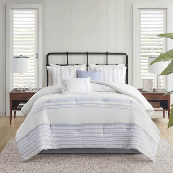 6-Piece Queen Multicolor Modern Soft Farmhouse Textured Woven Stripes 100% Cotton Jacquard Comforter Set