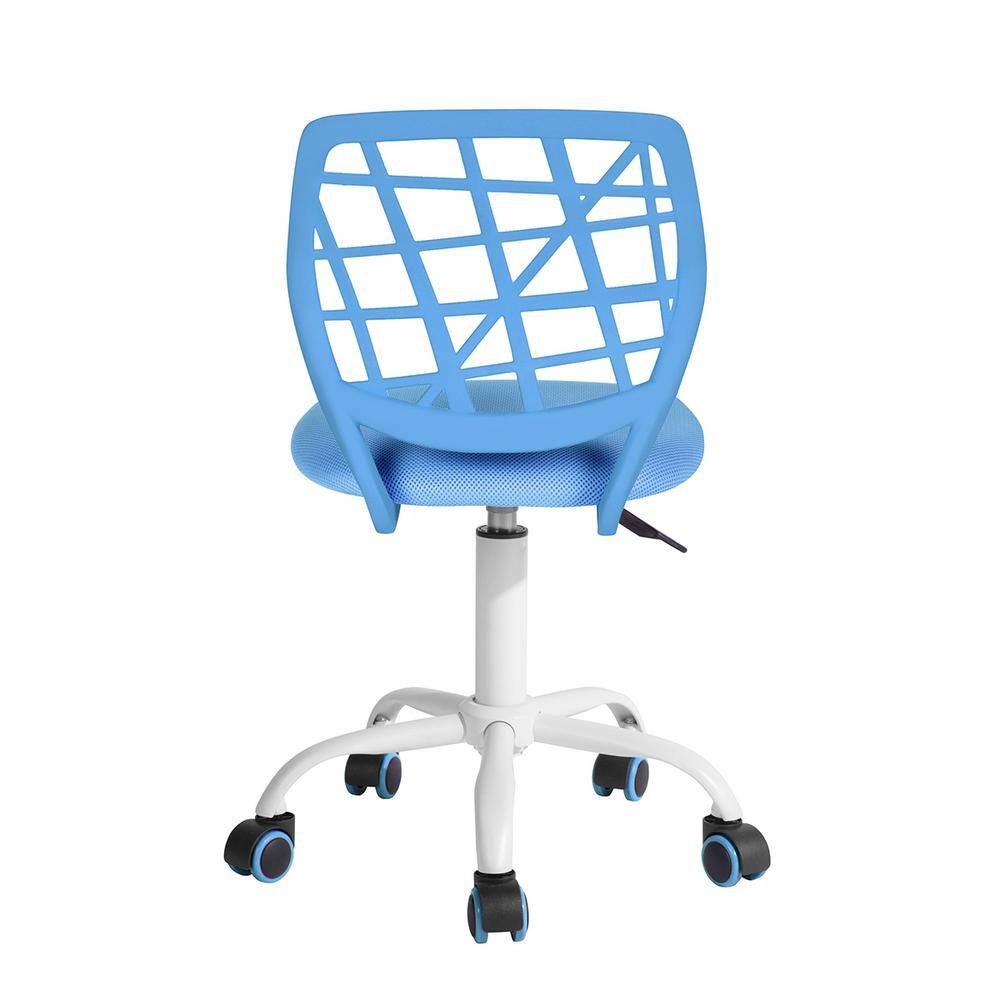 Back view of the blue and white office task chair.