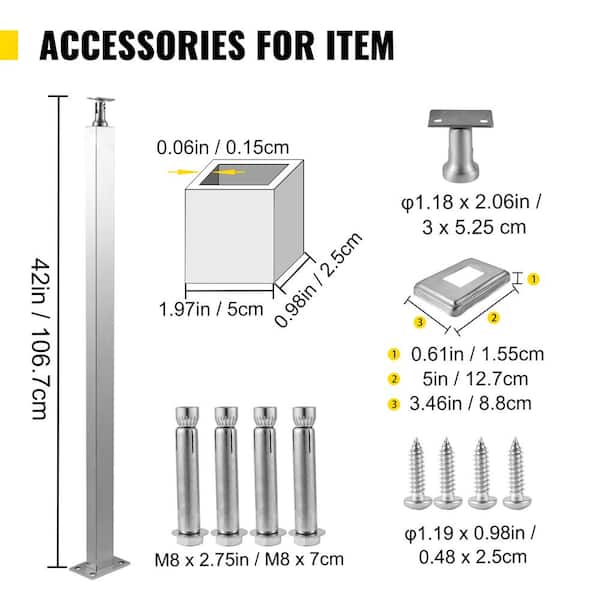 VEVOR Handrail Stainless Steel 42 in. x 0.98 in. x 1.97 in. Cable Railing Post without Hole Indoor Rail with Mounting Bracket