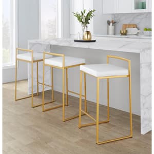 Fuji 27.75 in. White Faux Leather and Gold Metal Stackable Counter Stool (Set of 3)