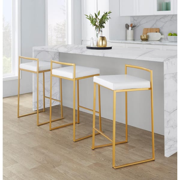 Lumisource Fuji 27.75 in. White Faux Leather and Gold Metal Stackable Counter Stool (Set of 3)