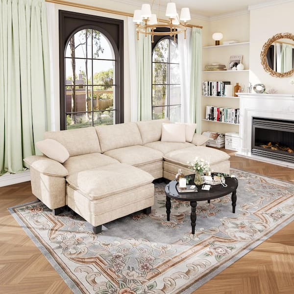 123.6 in. Flared Arm 5-Seat Chenille U-Shaped Modular Sectional Sofa in. Beige with Throw Pillows and Ottomans