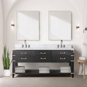Irvington 72 in W x 22 in D Black Oak Double Bath Vanity, Carrara Marble Top, Faucet Set, and 34 in Mirrors