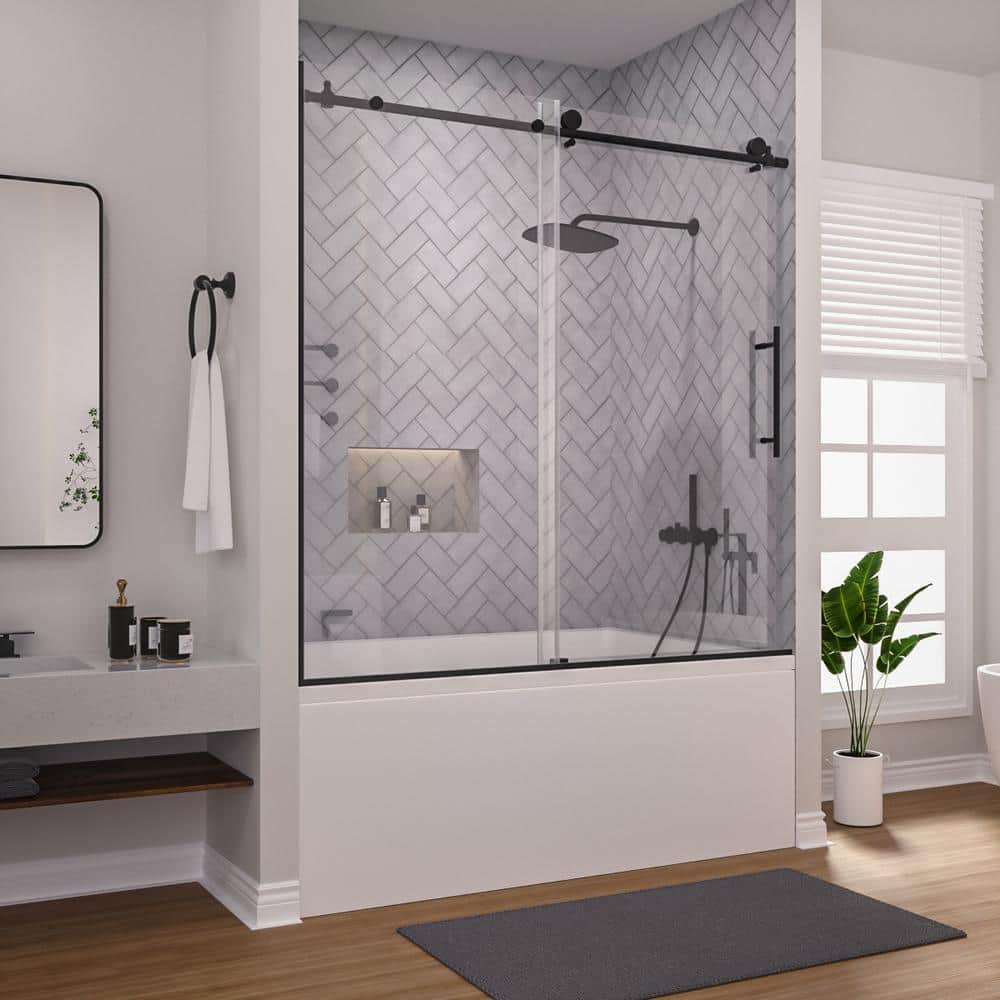 60'' Matte Black Semi-Frameless Sliding Tub Door with Clear Glass