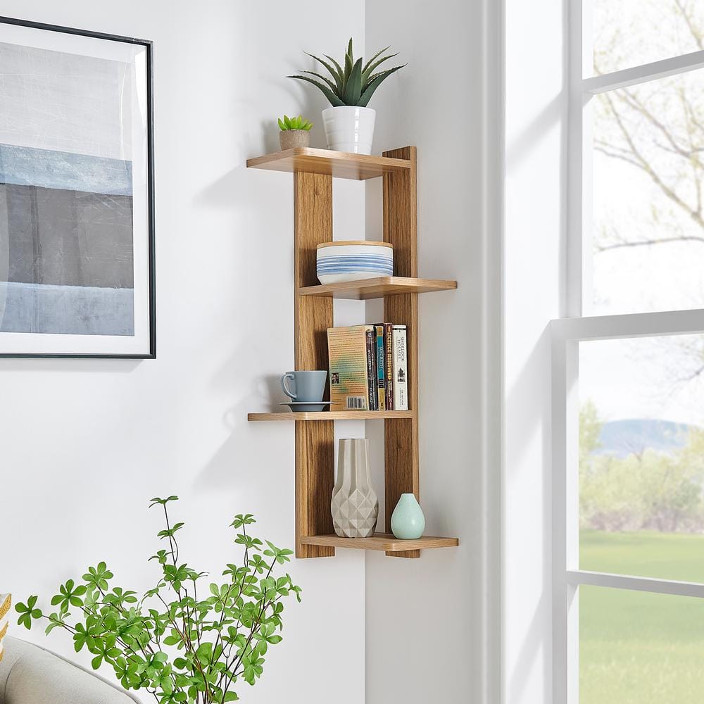 Chestnut 4-Tier Corner Floating Wood Wall Shelf