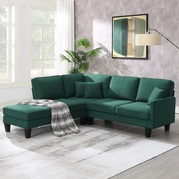 Harper & Bright Designs 90 in. W L-shaped Terrycloth Fabric Minimalist Sectional Sofa in. Green with 3-Pillows