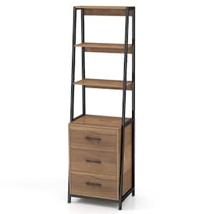 69 in. Tall Natural Wood 3-Shelf Ladder Bookshelf with 3 Open Shelves Printer Stand 3 Storage Drawers