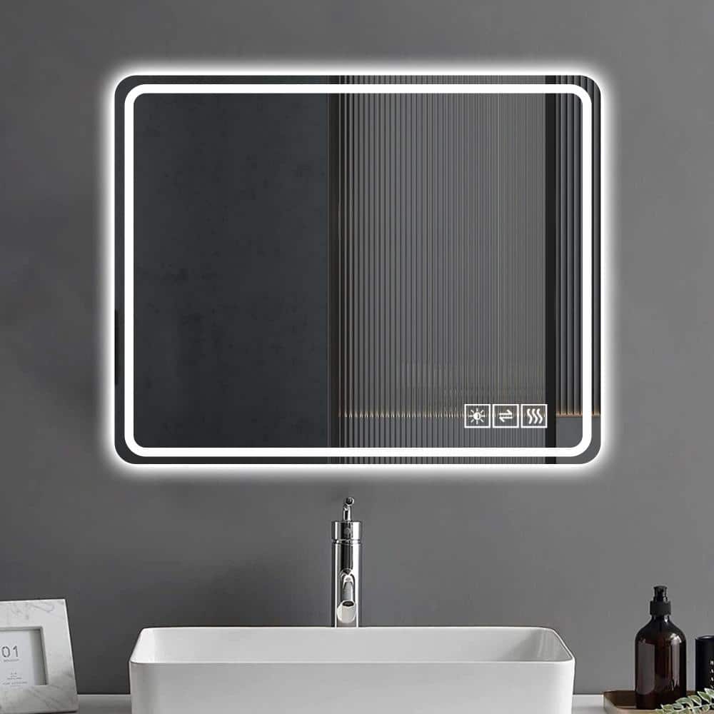 Clear 40 in. W x 32 in. H Rectangular Frameless Mirror with LED