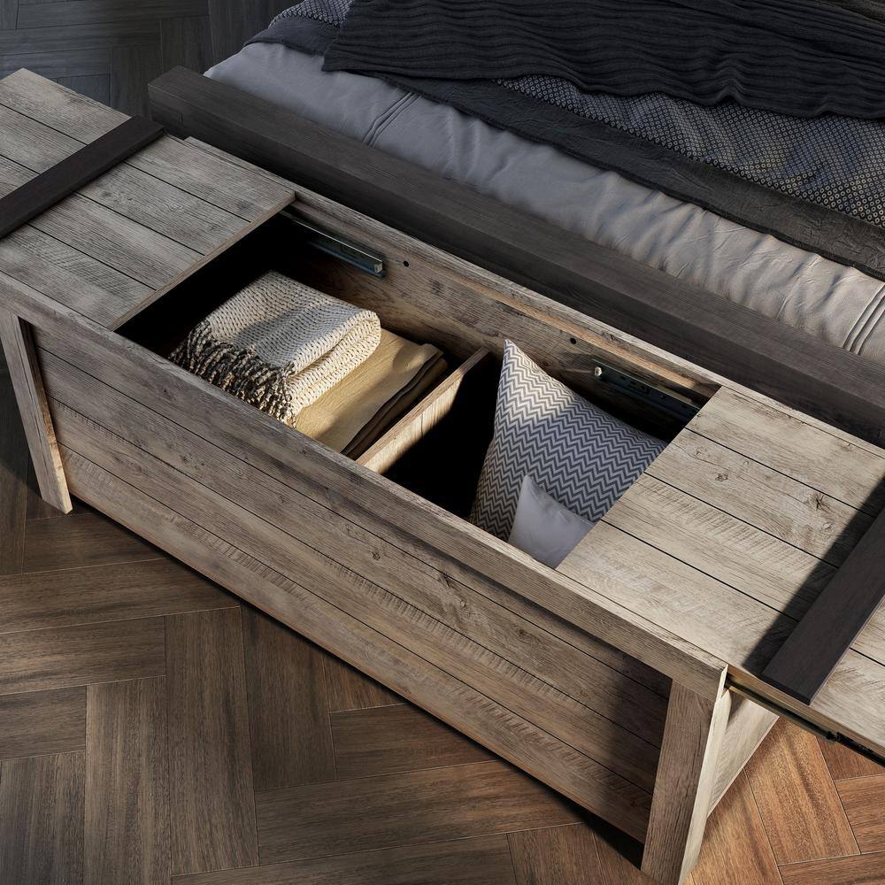 Weathered Oak Farmhouse Storage Bench with Slide Top