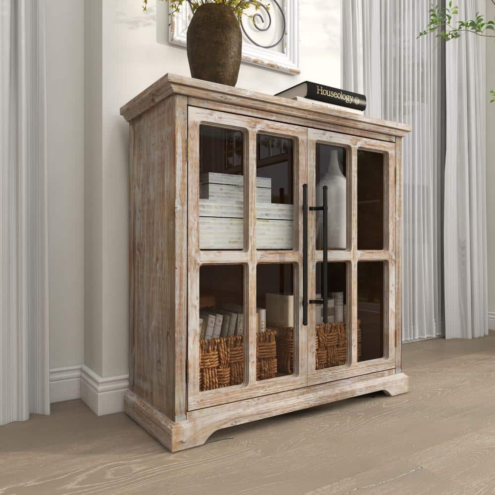 Weathered Brown Wood and Glass Farmhouse Accent Cabinet