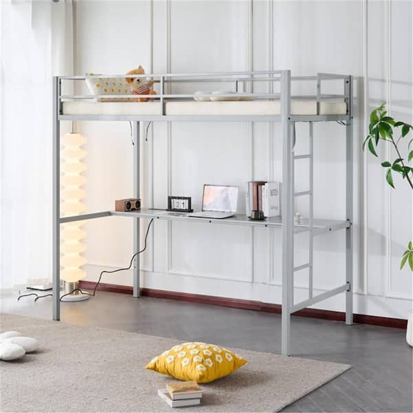 Gray Desk Twin Metal Loft Bed Frame with Wood Color Desk and LED Lights, Charging Station