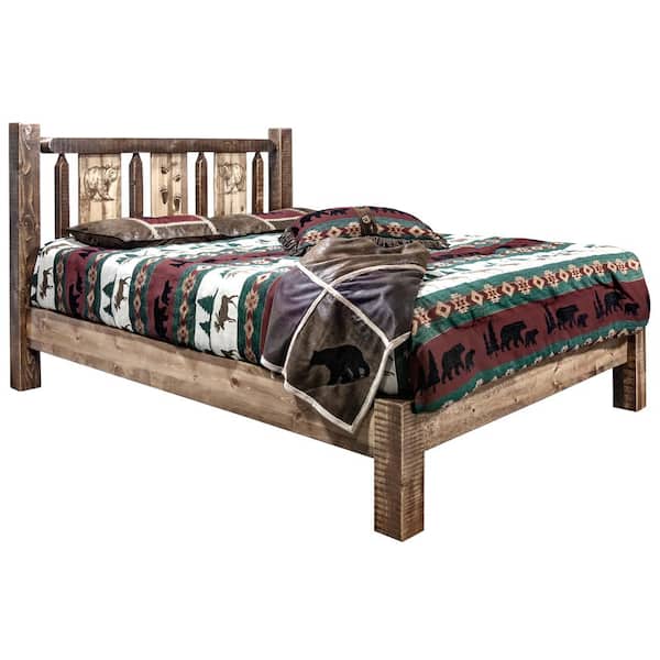 Montana Woodworks Homestead Collection Medium Brown Twin Laser Engraved Bear Motif Platform Bed