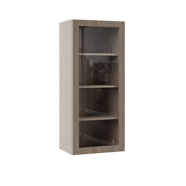 Hampton Bay Designer Series Edgeley Assembled 18x42x12 in. Wall Kitchen Cabinet with Glass Door in Driftwood
