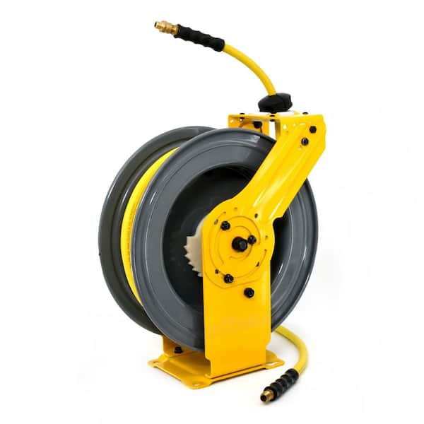 OILSHIELD 3/8 in. x 100 ft. Rubber Air Hose and Single Arm Steel Hose Reel with Swivel Mount Base, Coupler and  Socket Wrench