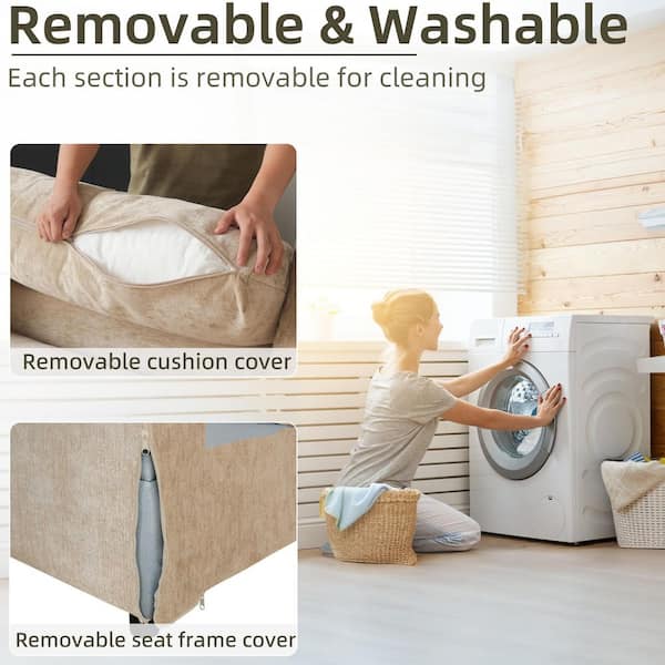 Convertible Cloud Couch, 67 in. Square Arm Chenille L-Shaped Sofa with Ottoman, Washable Covers for Apartment in. Khaki