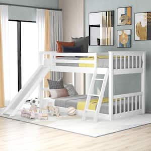 White Solid Wood Twin Over Twin Bunk Bed with Slide and Ladder