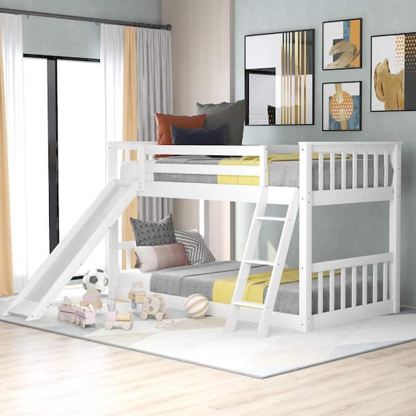 Harper & Bright Designs White Solid Wood Twin Over Twin Bunk Bed with Slide and Ladder