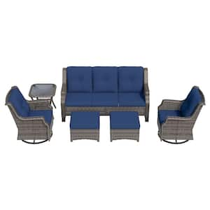 6-Pieces Wicker Outdoor Patio Furniture Sets Rattan Chair Wicker Set with Blue Cushion