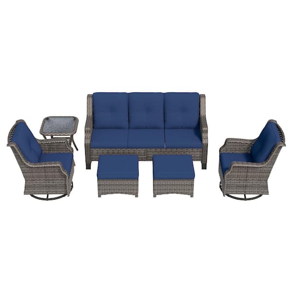 6-Pieces Wicker Outdoor Patio Furniture Set Rattan Chair Wicker Set with Blue Cushion