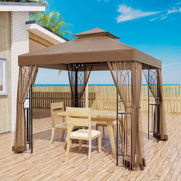 8 ft. x 8 ft. Brown Steel Soft Top Gazebo Canopy with Netting