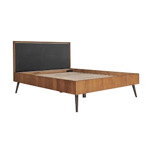 Coco Rustic Oak Wood Upholstered Leather Queen Platform Bed