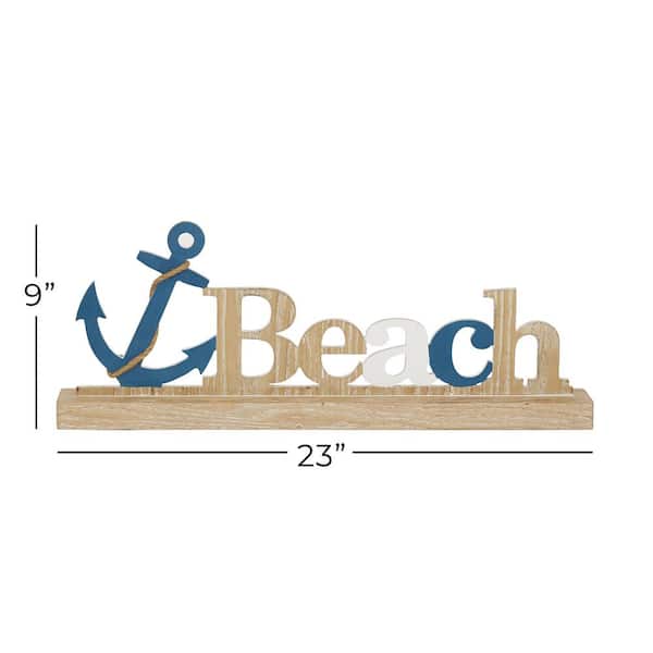 Litton Lane Natural White And Blue Wood Sign Anchor Beach Table Decor 23 In X 9 46304 - Anchor Home Decor Table