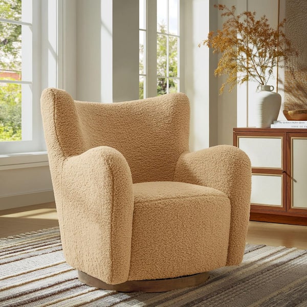 Montrose Wingback Sherpa Swivel Accent Armchair in Camel Walnut