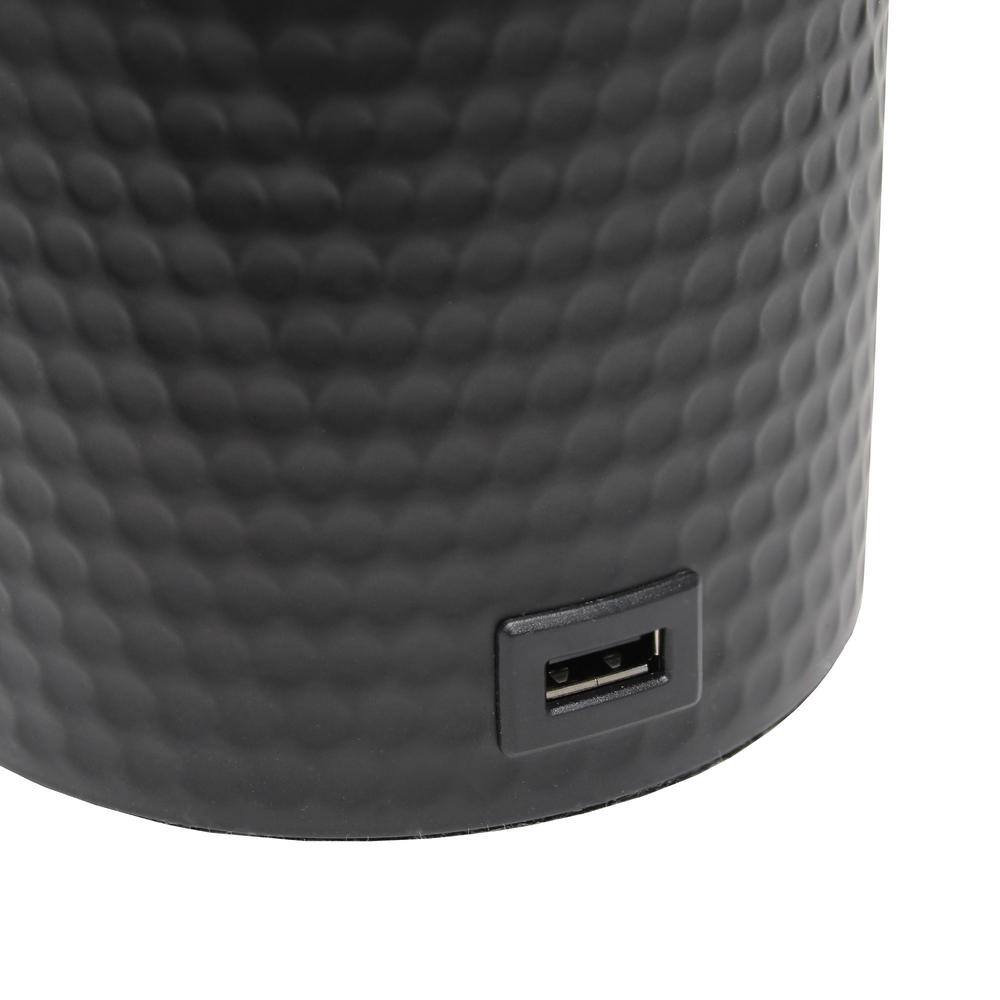 Black Hammered Metal Table Lamp with USB Port and White Shade