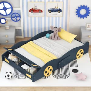 Full Size Car-Shaped Platform Bed with Wheels and Storage, Dark Blue+Yellow
