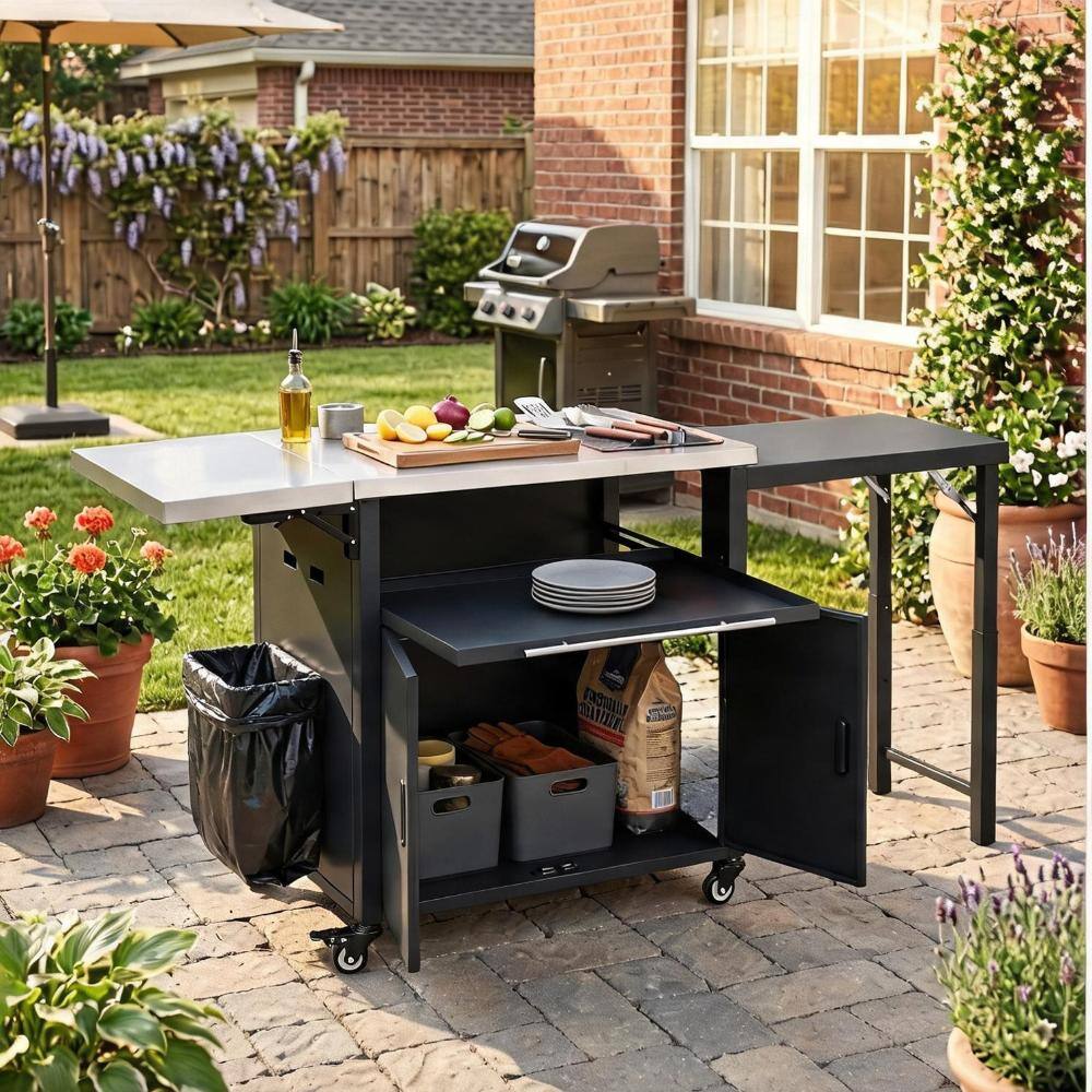 Sunjet Outdoor Kitchen Island with Foldable Prep Station and Trash