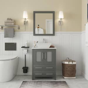 Ravenna 24 in. W Bathroom Vanity in Grey with Single Basin in White Engineered Marble Top and Mirror