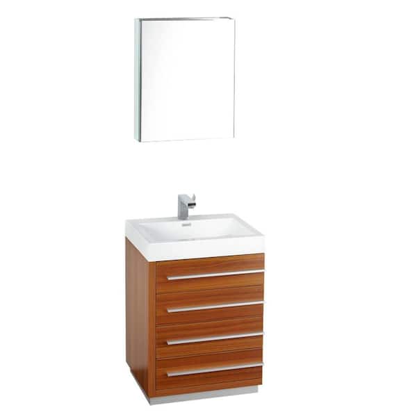 Fresca Livello 24 in. Vanity in Teak with Acrylic Vanity Top in White with White Basin and Medicine Cabinet