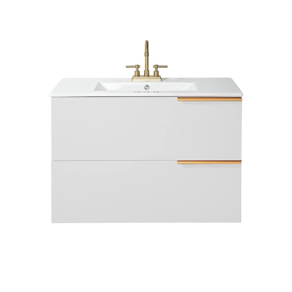 Columbia 31.5 Single Vanity Cabinet, Radiant Gold, w/ White Glossy  Composite Countertop - Polaris Home Design