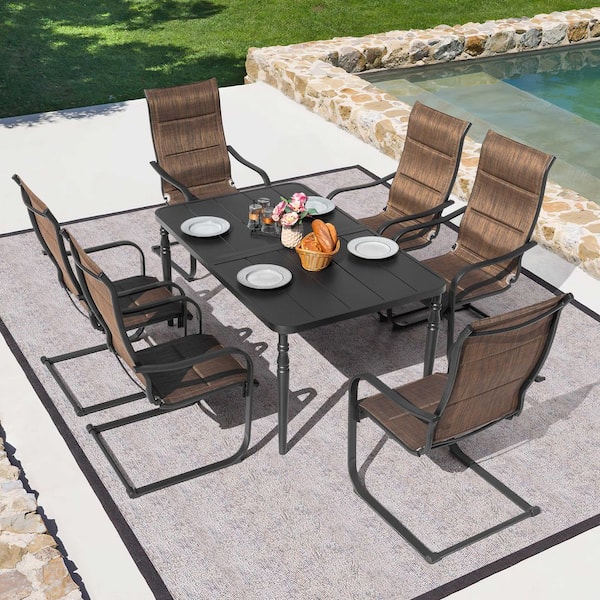 Black 7-Piece Textilene Metal Rectangle Outdoor Dining Set with 6 C-Spring Motion Chairs and Umbrella Hole