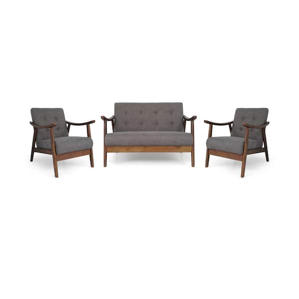 Noble House Girouard Mid-Century Modern Button Back Dark Gray Fabric Chat Set